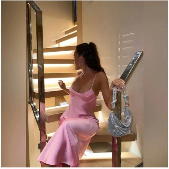 TingPo Wholesale Simple A line Straps Sleeveless Party Dress Silk Satin Pink Prom Dress