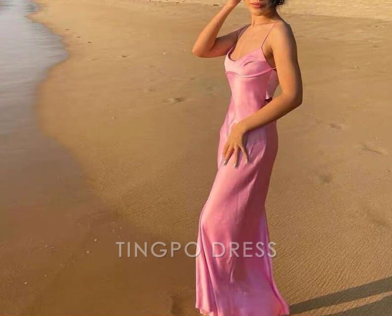 TingPo Wholesale Simple A line Straps Sleeveless Party Dress Silk Satin Pink Prom Dress