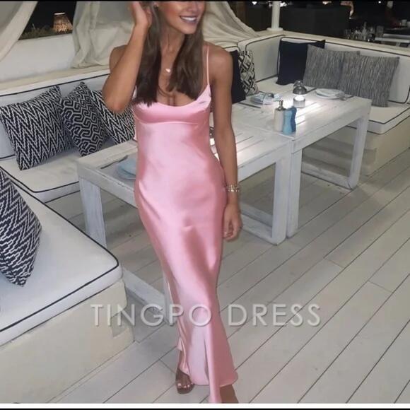 TingPo Wholesale Simple A line Straps Sleeveless Party Dress Silk Satin Pink Prom Dress