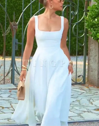TingPo Wholesale Simple A line Straps White Satin Evening Dress Ankle Length Prom Dresses formal wear dresses
