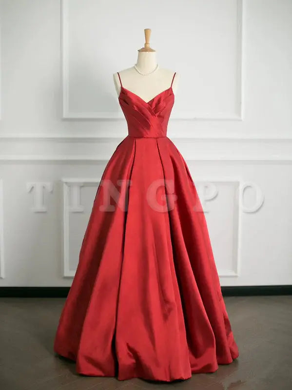 Wholesale Simple Ball Gown Spaghetti Straps Red Satin Prom Dresses Party Evening Dress formal wear dresses