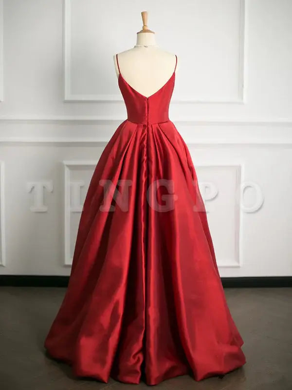 Wholesale Simple Ball Gown Spaghetti Straps Red Satin Prom Dresses Party Evening Dress formal wear dresses