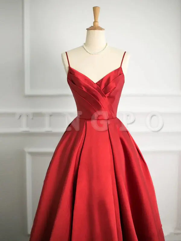 Wholesale Simple Ball Gown Spaghetti Straps Red Satin Prom Dresses Party Evening Dress formal wear dresses