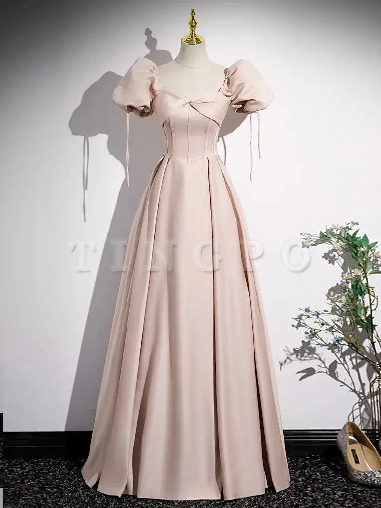 Wholesale Simple Champagne Pink Satin Long Prom Dress Champagne Pink Long Formal Dress gowns evening dresses