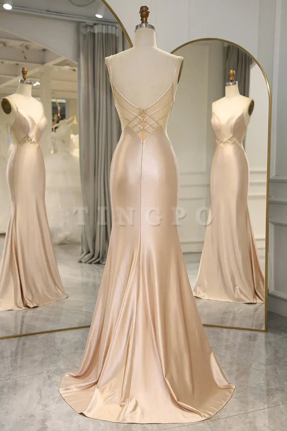 Wholesale Simple Champagne Spaghetti Straps Long Mermaid Satin Prom Dress prom dress in store