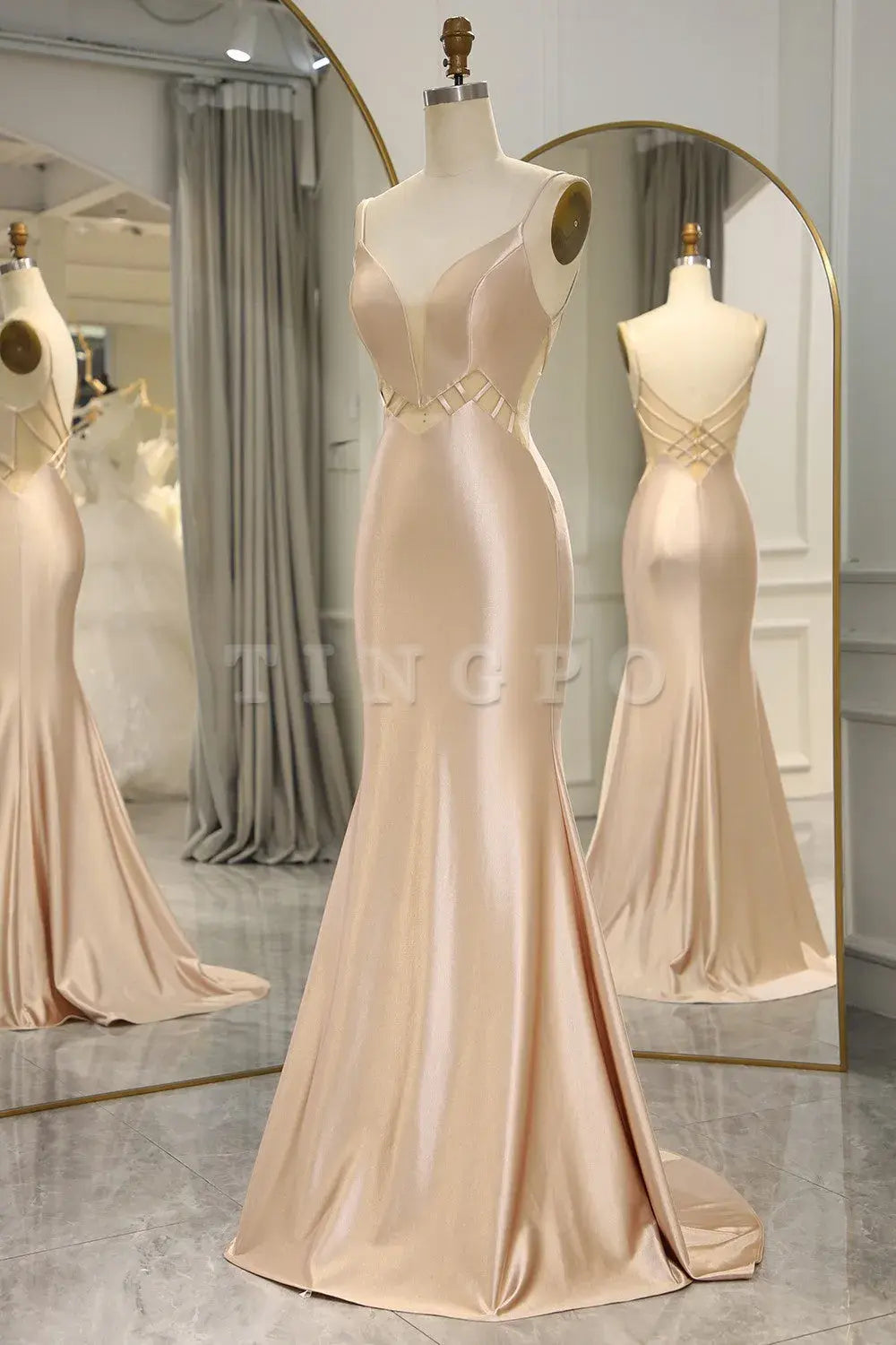 Wholesale Simple Champagne Spaghetti Straps Long Mermaid Satin Prom Dress prom dress in store