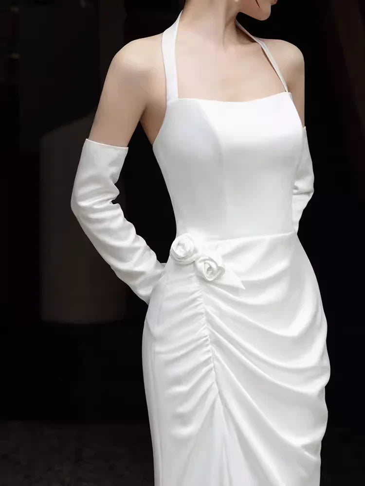 TingPo Wholesale Simple Mermaid Halter Long White Prom Dresses