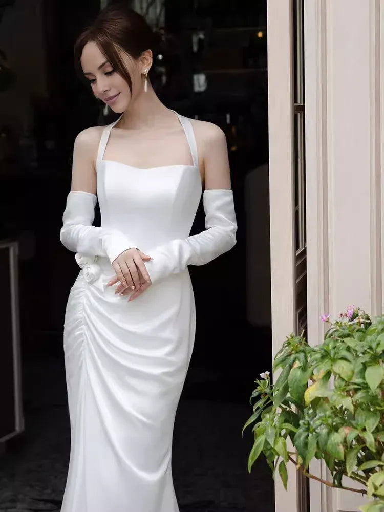 TingPo Wholesale Simple Mermaid Halter Long White Prom Dresses
