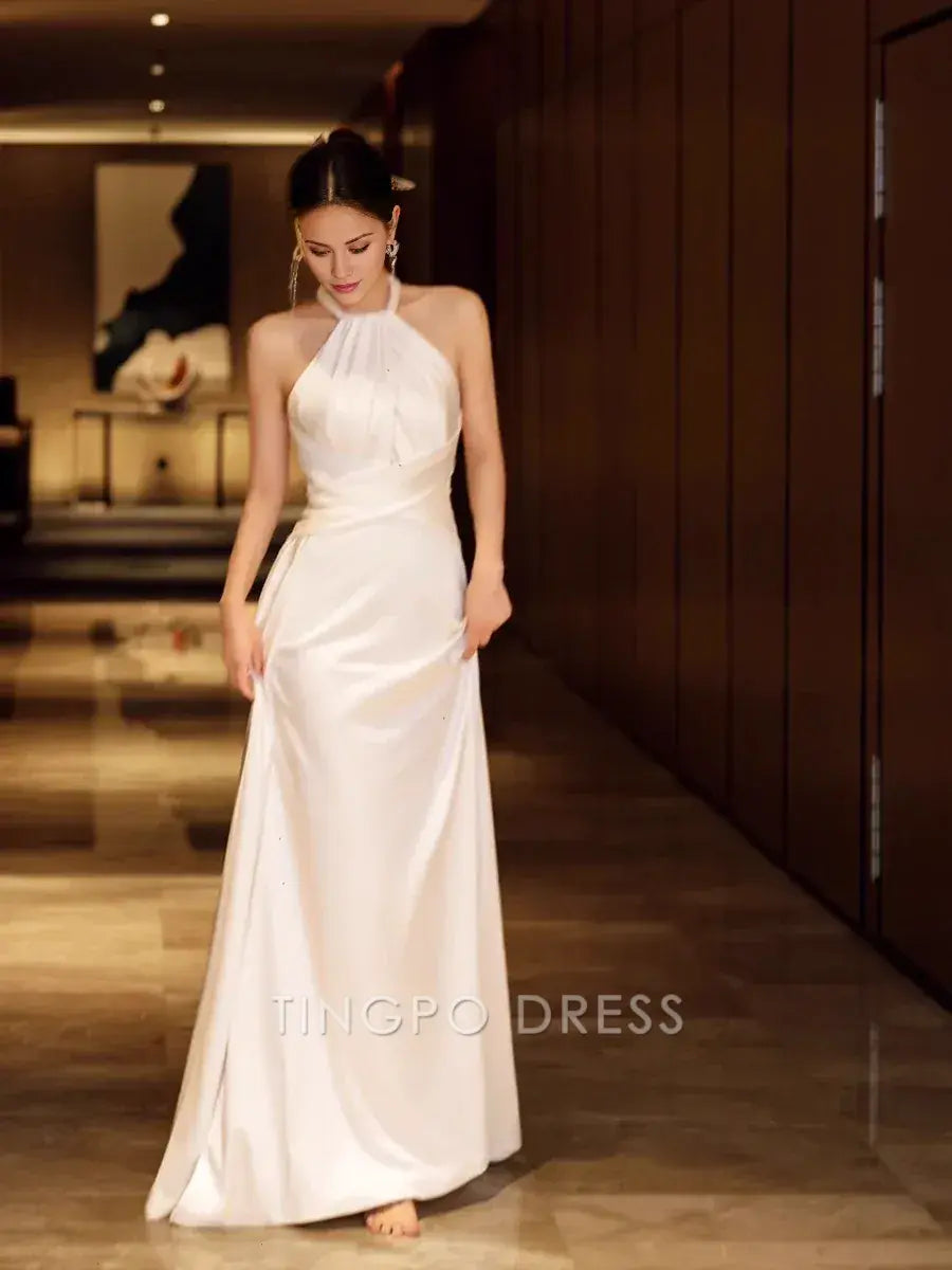 TingPo Wholesale Simple Mermaid Halter Party Dresses Long White Prom Dresses