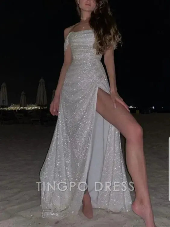 TingPo Wholesale Simple Mermaid Strapless Floor Length Sleeveless Sequin Prom Dress