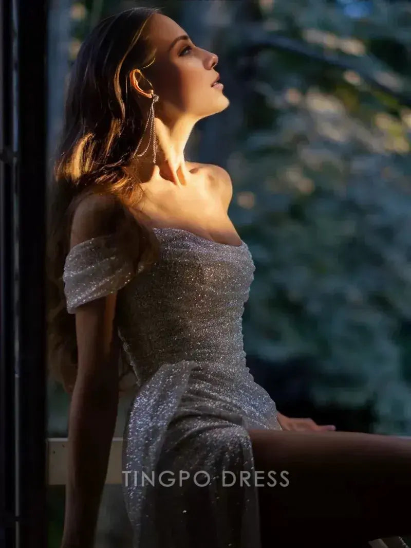 TingPo Wholesale Simple Mermaid Strapless Floor Length Sleeveless Sequin Prom Dress