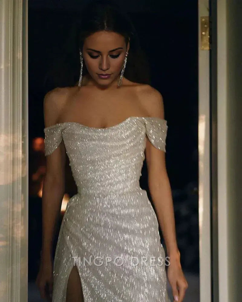 TingPo Wholesale Simple Mermaid Strapless Floor Length Sleeveless Sequin Prom Dress