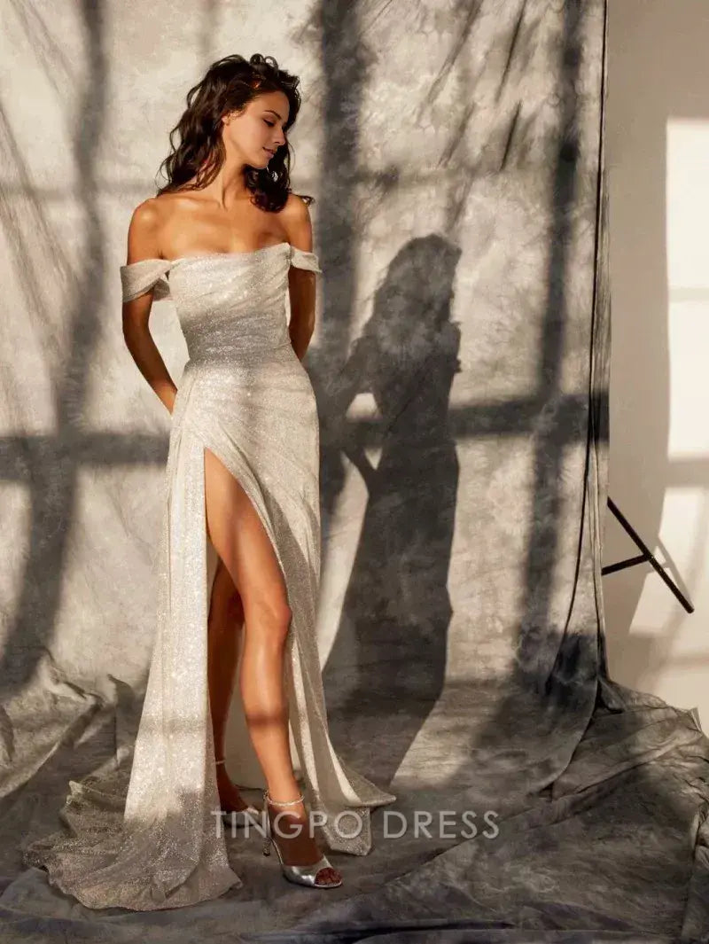 TingPo Wholesale Simple Mermaid Strapless Floor Length Sleeveless Sequin Prom Dress