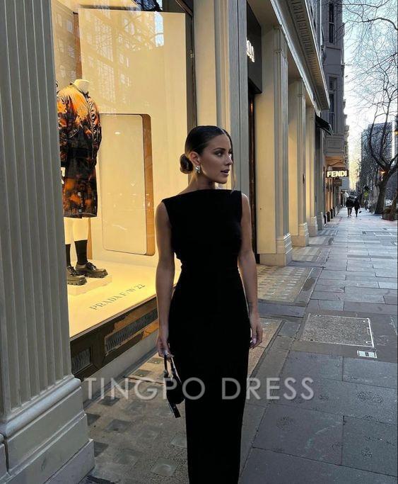 TingPo Wholesale Simple Mermaid Straps Floor Length Sleeveless Black Prom Dress