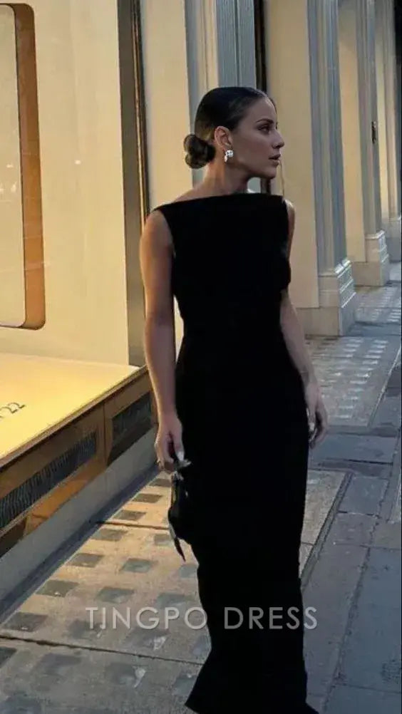 TingPo Wholesale Simple Mermaid Straps Floor Length Sleeveless Black Prom Dress