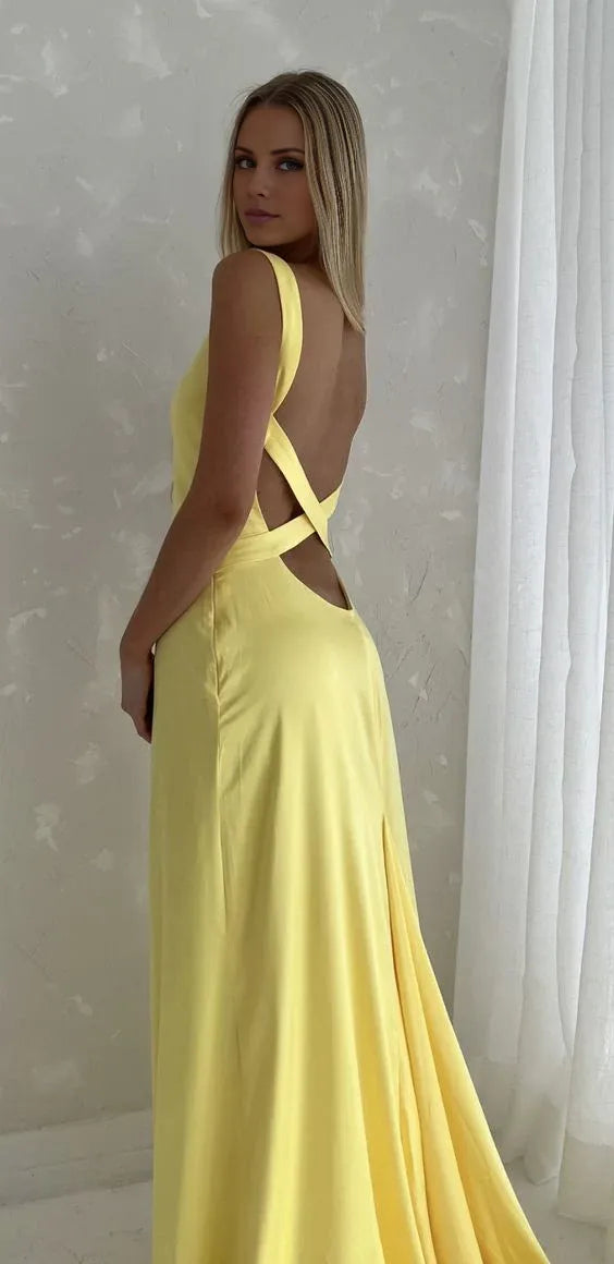 TingPo Wholesale Simple Mermaid Straps Yellow Backless Long Prom Dress