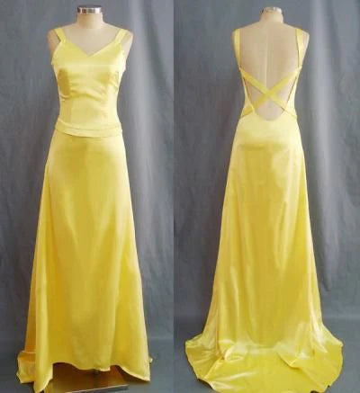 TingPo Wholesale Simple Mermaid Straps Yellow Backless Long Prom Dress