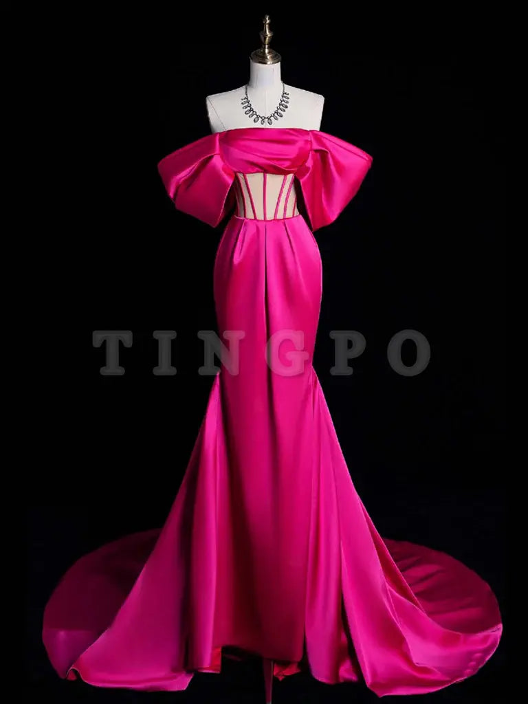 Wholesale Simple Off Shoulder Mermaid Rose Red Long Prom Dress Rose Red Satin Long Formal Dress gowns evening dresses