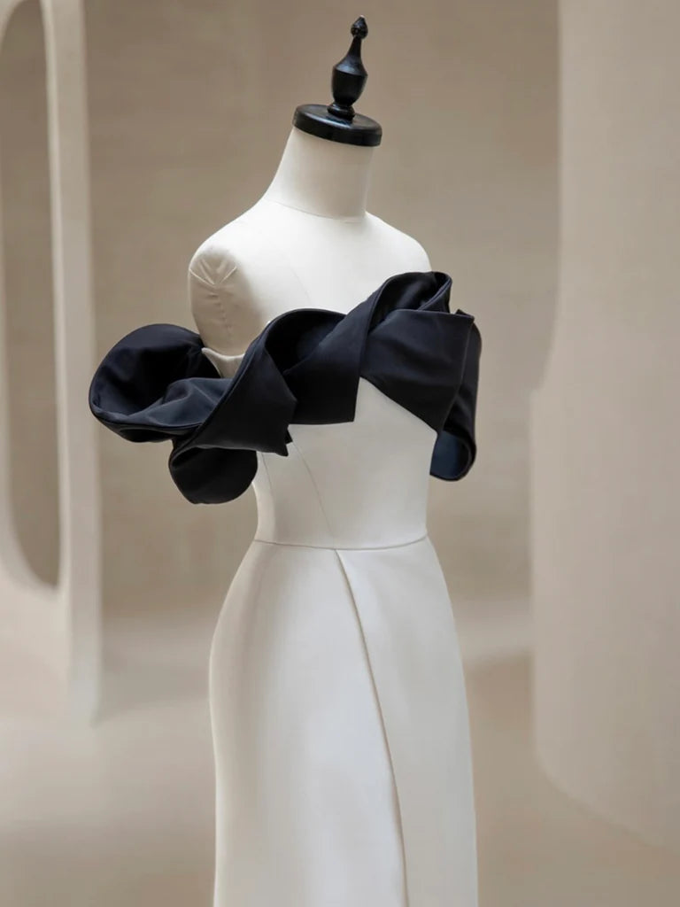 Wholesale Simple Off Shoulder Satin Black/White Long Prom Dress gowns evening dresses