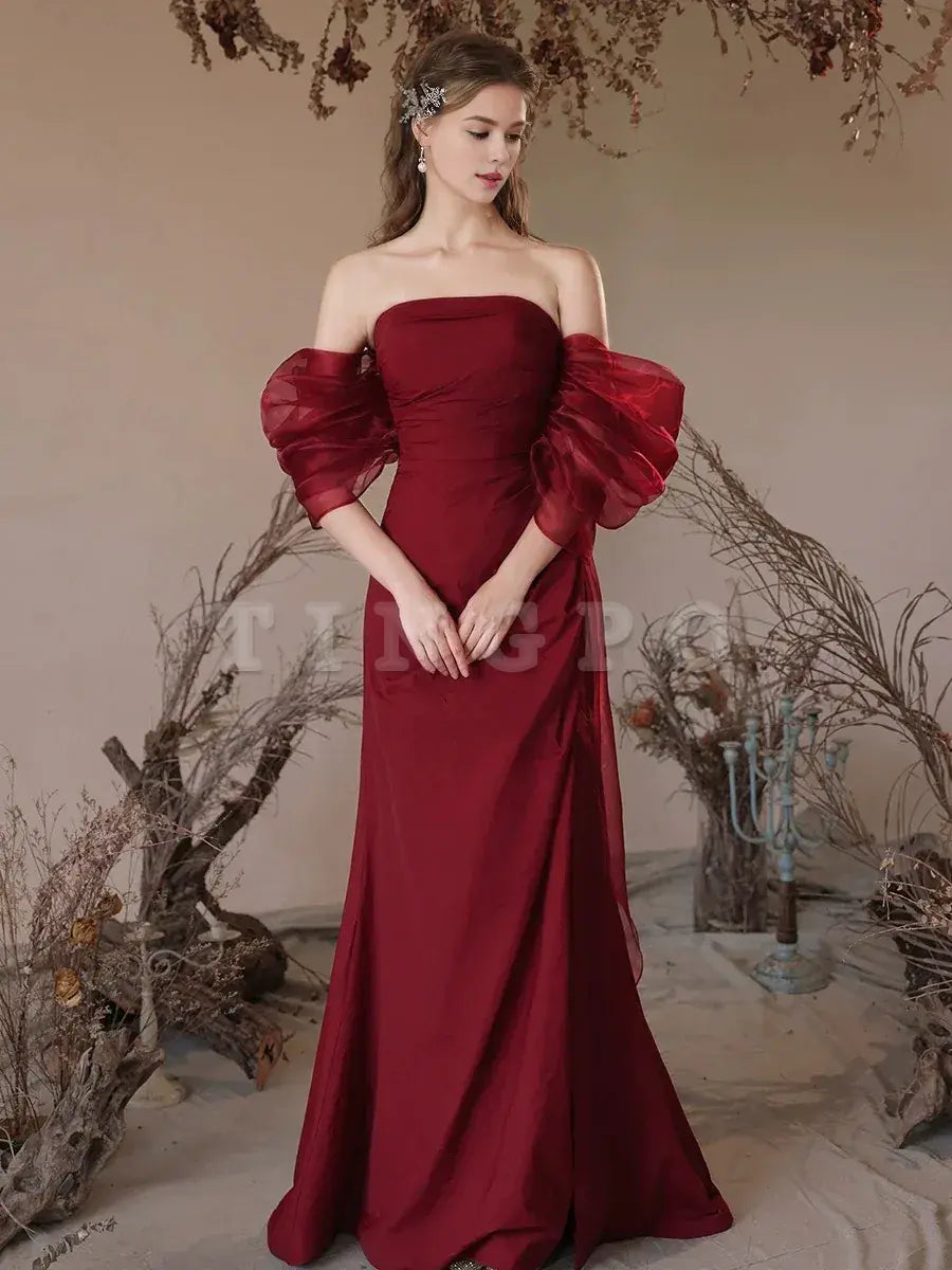 Wholesale Simple Off Shoulder Satin Burgundy Long Prom Dress Burgundy Evening Dress gowns evening dresses