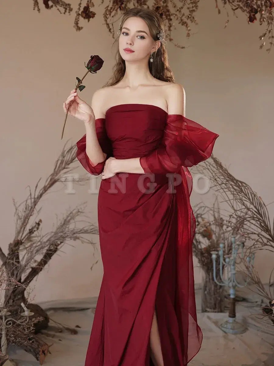 Wholesale Simple Off Shoulder Satin Burgundy Long Prom Dress Burgundy Evening Dress gowns evening dresses