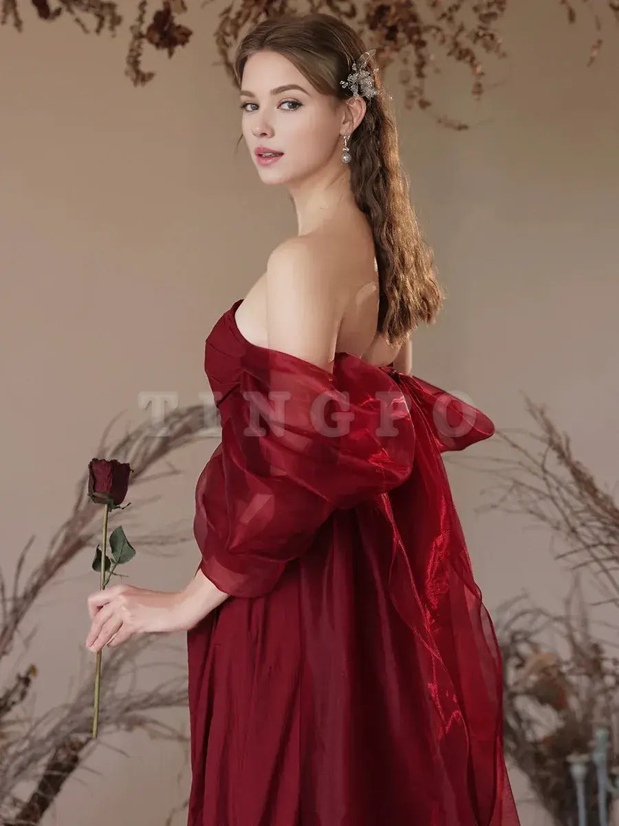 Wholesale Simple Off Shoulder Satin Burgundy Long Prom Dress Burgundy Evening Dress gowns evening dresses