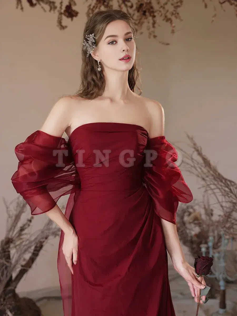 Wholesale Simple Off Shoulder Satin Burgundy Long Prom Dress Burgundy Evening Dress gowns evening dresses
