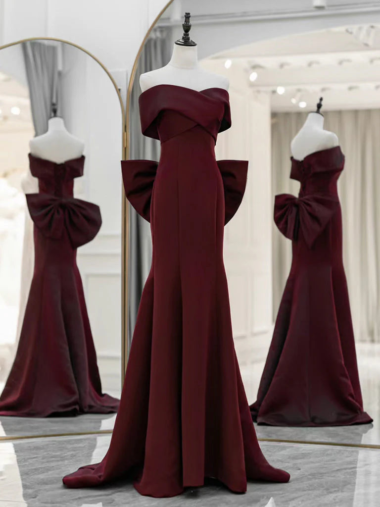 Wholesale Simple Off Shoulder Satin Burgundy Long Prom Dresses Mermaid Long Evening Dress gowns evening dresses