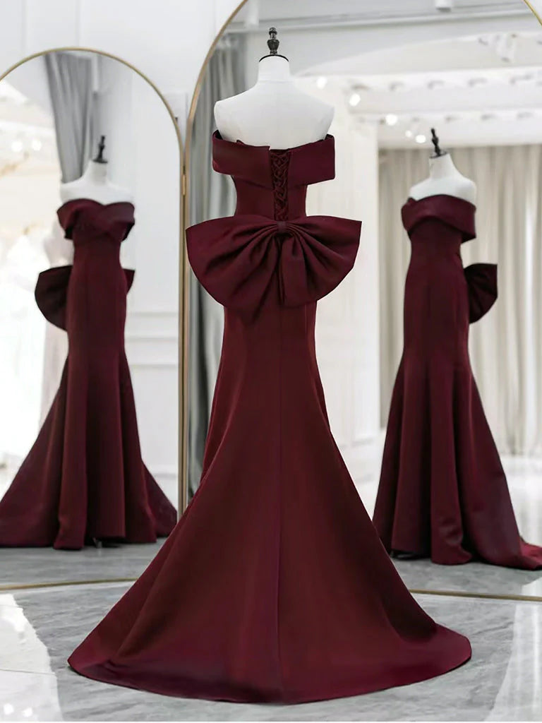 Wholesale Simple Off Shoulder Satin Burgundy Long Prom Dresses Mermaid Long Evening Dress gowns evening dresses