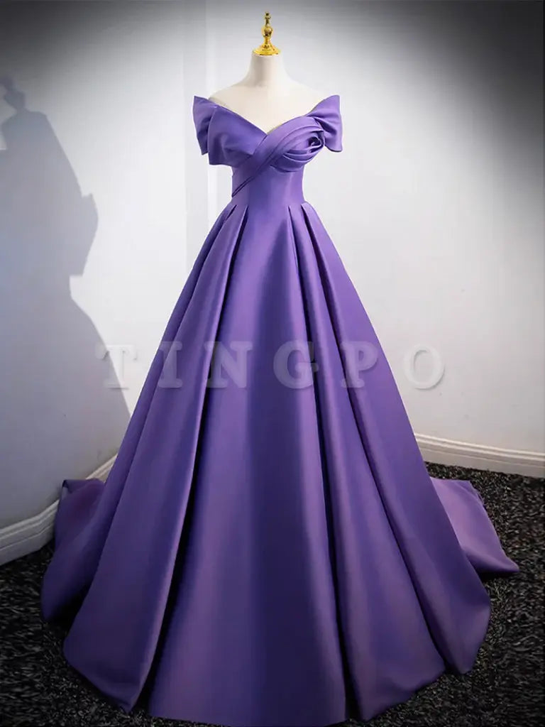 Wholesale Simple Off Shoulder Satin Purple Long Prom Dress Purple Long Evening Dress gowns evening dresses