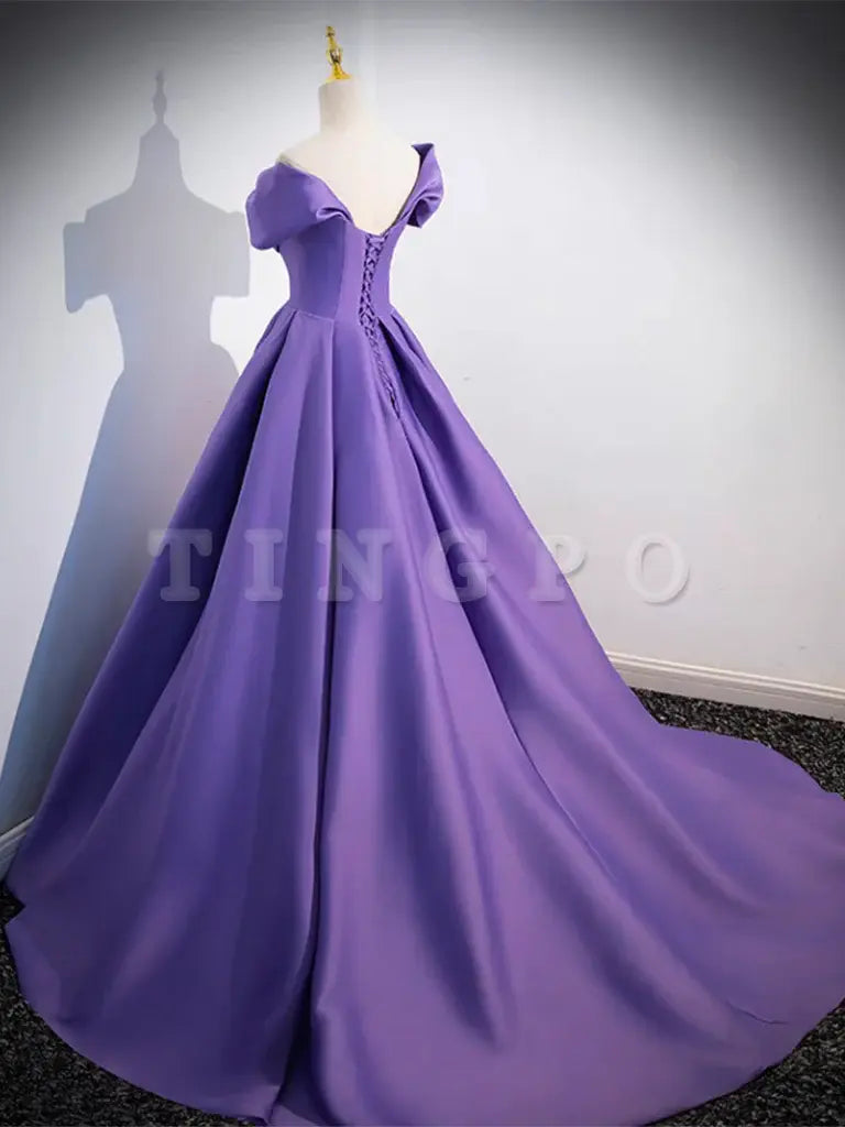 Wholesale Simple Off Shoulder Satin Purple Long Prom Dress Purple Long Evening Dress gowns evening dresses