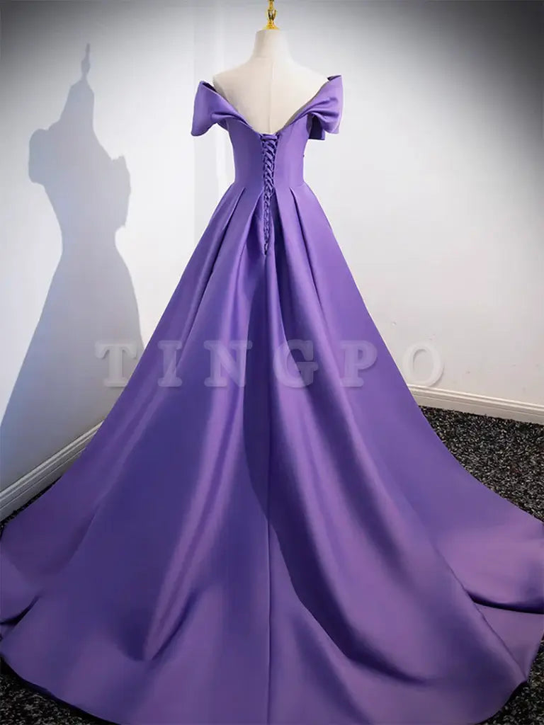 Wholesale Simple Off Shoulder Satin Purple Long Prom Dress Purple Long Evening Dress gowns evening dresses