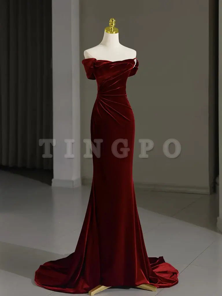Wholesale Simple Off Shoulder Velvet Burgundy Long Prom Dress Mermaid Long Formal Dress gowns evening dresses