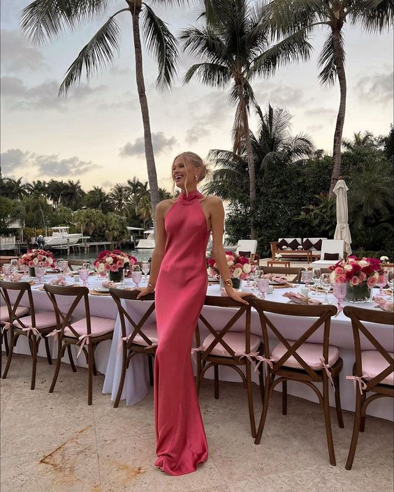 TingPo Wholesale Simple Sheath Pink High Neckline Long Prom Dresses Evening Dress