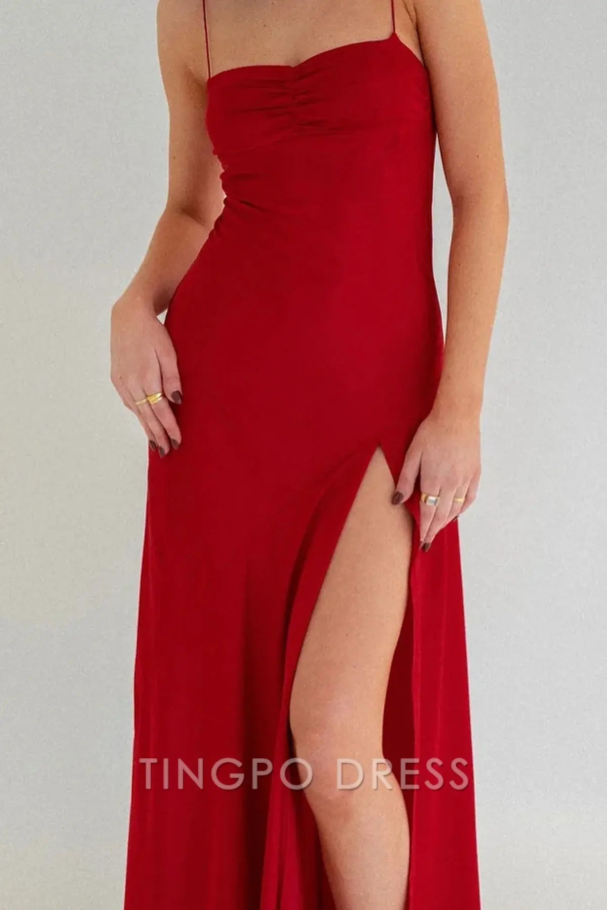 TingPo Wholesale Simple Sheath Spaghetti Straps Red Long Party Dress with Split Front