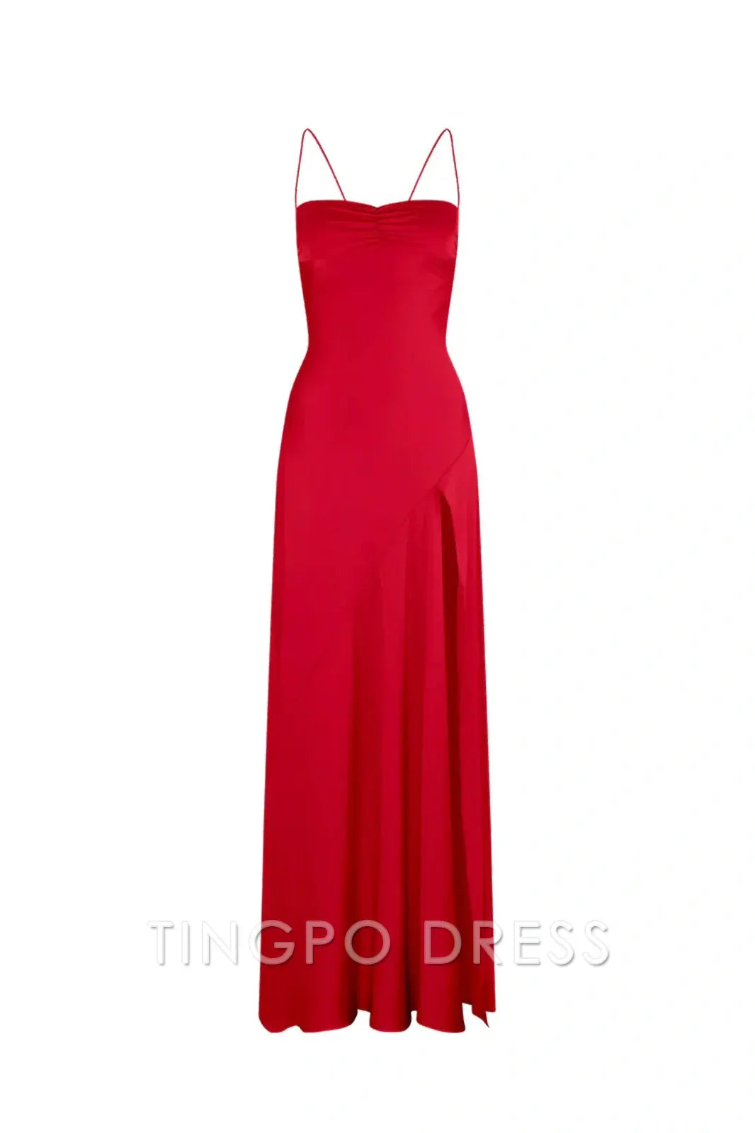 TingPo Wholesale Simple Sheath Spaghetti Straps Red Long Party Dress with Split Front