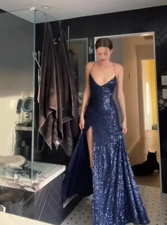TingPo Wholesale Simple Sheath Straps Long Navy Blue Slit Sequin Prom Dress