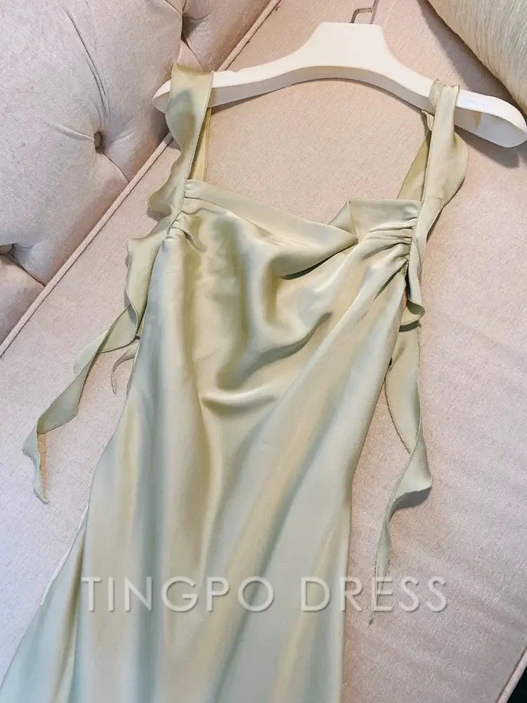 TingPo Wholesale Simple Sheath Straps Sleeveless Silk Satin Sage Green Prom Dress Evening Dresses