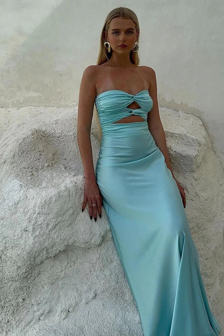 TingPo Wholesale Simple Sheath Sweetheart Blue Long Prom Dress with Keyhole