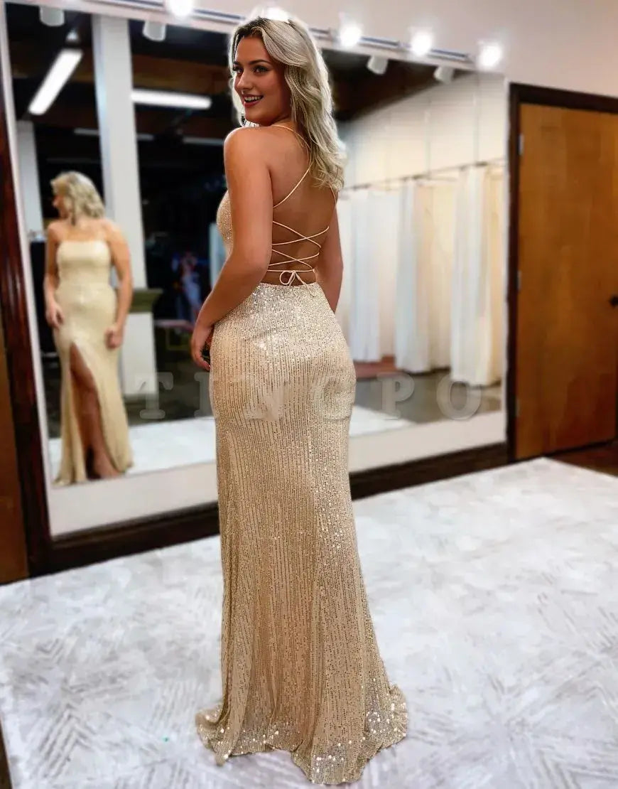 Wholesale Simple Spaghetti Straps Corset Back Sequin Prom Dress With Split prom dress in store