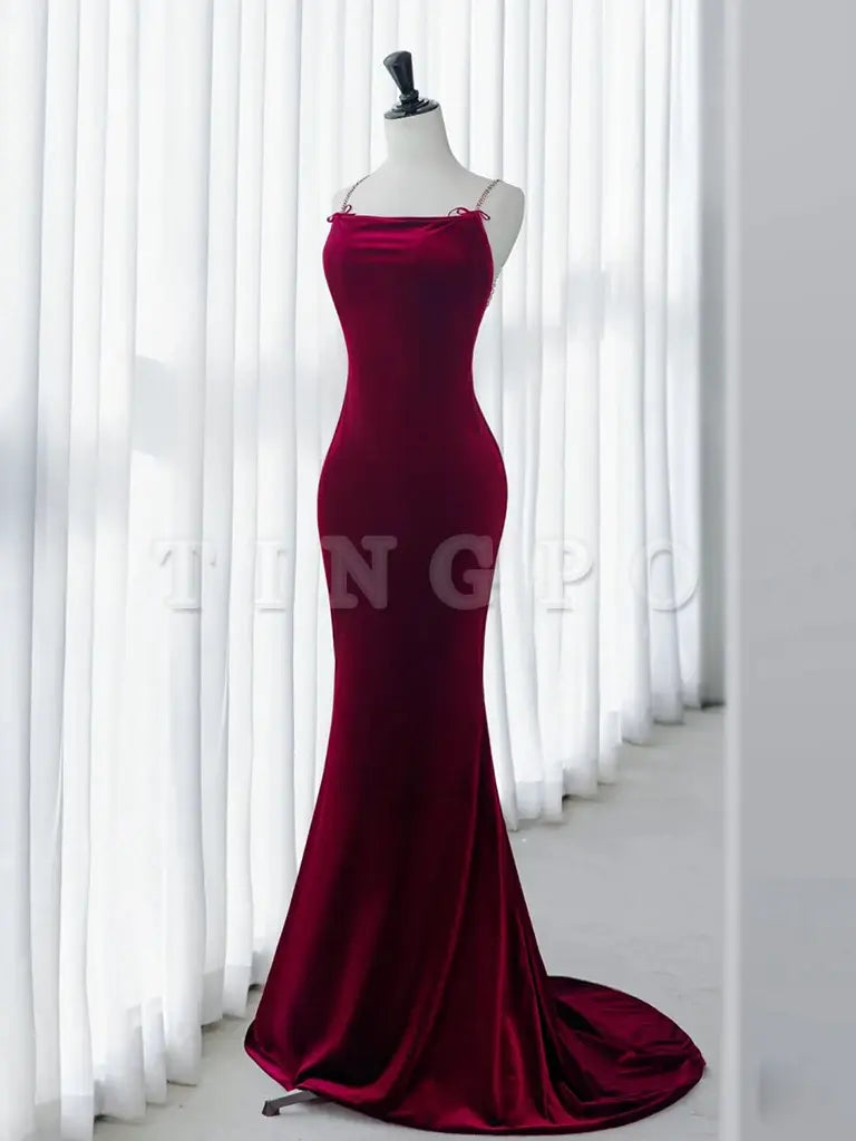 Wholesale Simple Velvet Mermaid Burgundy Long Prom Dress Burgundy Long Formal Dress gowns evening dresses ﻿