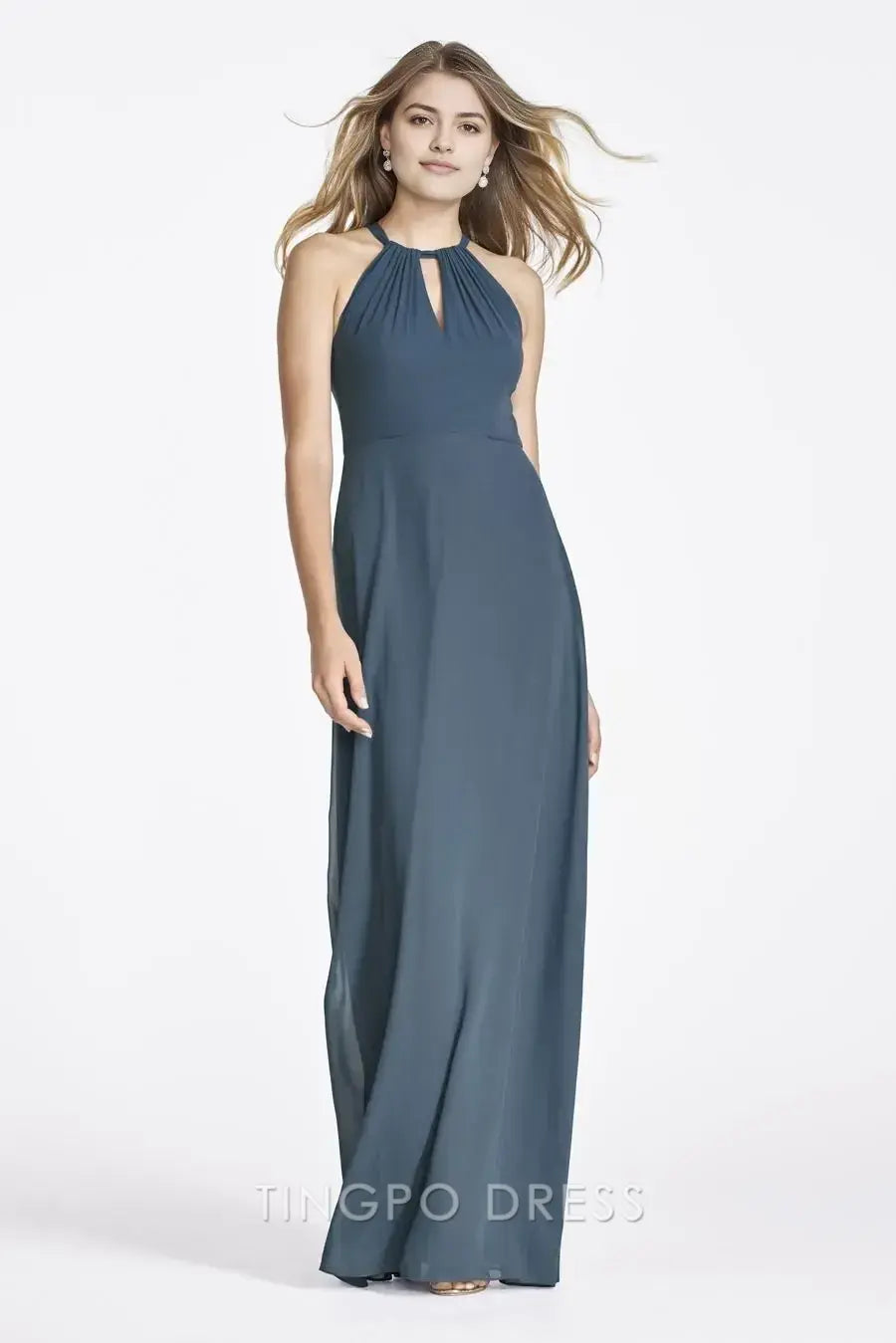 TingPo Wholesale Elegant Slate Blue Halter Neck Maxi Dress - Keyhole Front Ruched Evening Gown