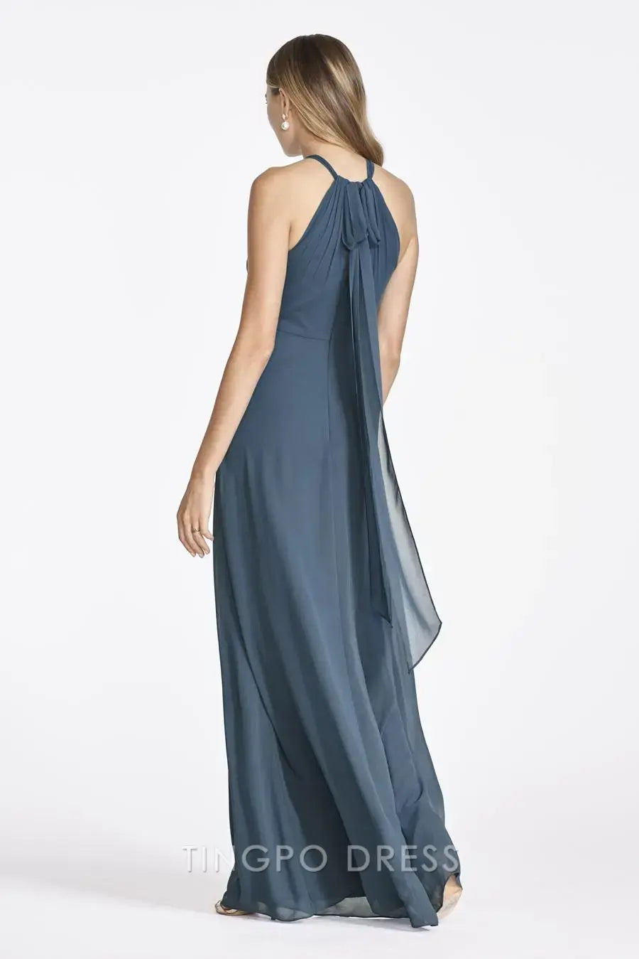 TingPo Wholesale Elegant Slate Blue Halter Neck Maxi Dress - Keyhole Front Ruched Evening Gown