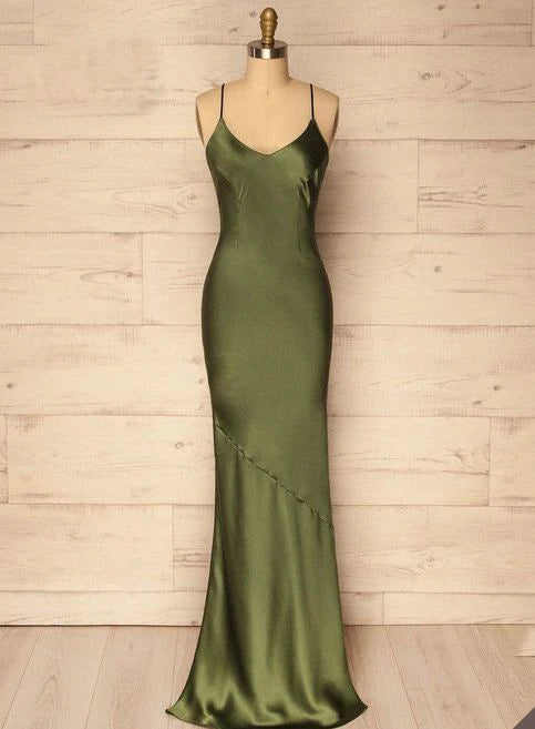 TingPo Wholesale Spaghetti Straps Olive Green Sheath Prom Dresses Prom Dress