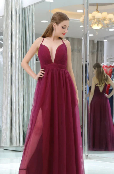 Wholesale Spaghetti Straps Deep V-Neck Floor Length Side Slit Tull Prom Dress