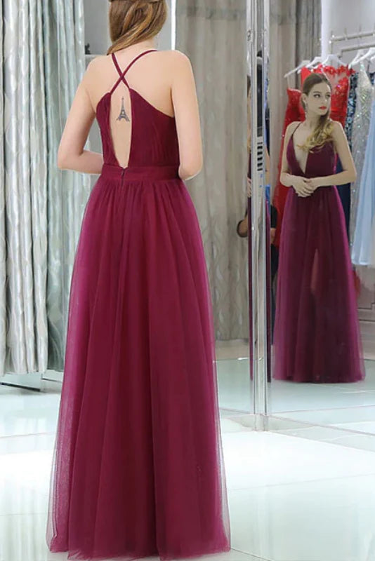 Wholesale Spaghetti Straps Deep V-Neck Floor Length Side Slit Tull Prom Dress