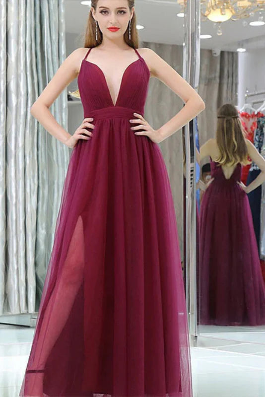 Wholesale Spaghetti Straps Deep V-Neck Floor Length Side Slit Tull Prom Dress