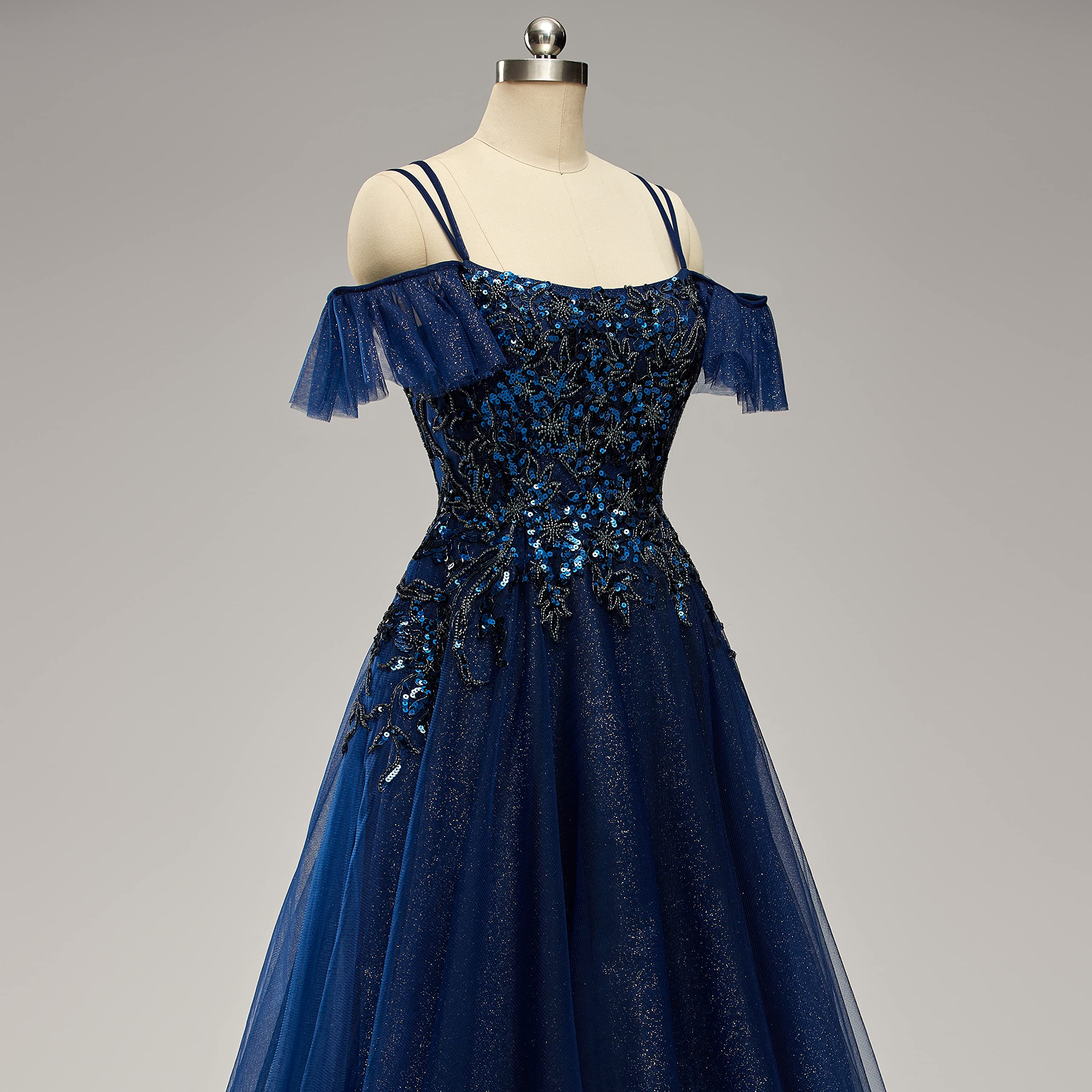 Wholesale Sparkle A Line Off Shoulder Tulle Appliques Beaded Ruffles Prom Dresses