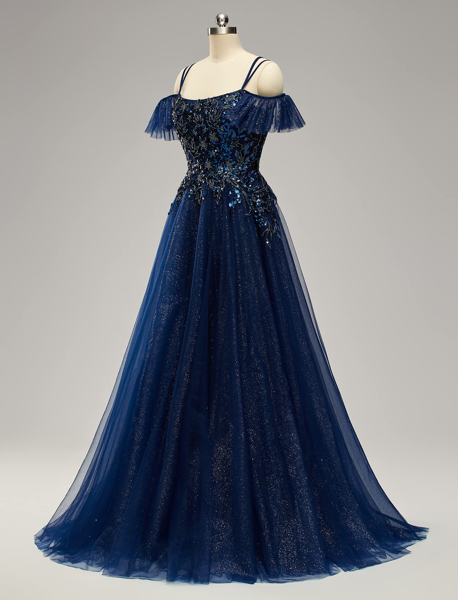 Wholesale Sparkle A Line Off Shoulder Tulle Appliques Beaded Ruffles Prom Dresses