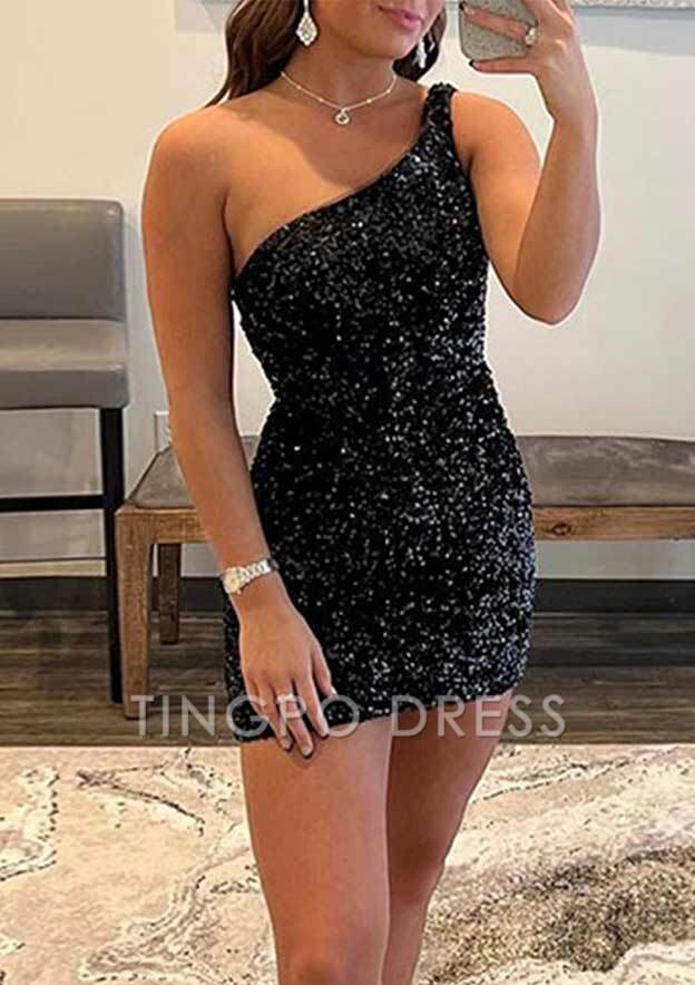 TingPo Wholesale Sparkling One-Shoulder Velvet Sequins Sheath Short Homecoming Dress